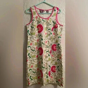 C J Laing linen,cream colored,floral embroidered shift tank dress/ zip back;10